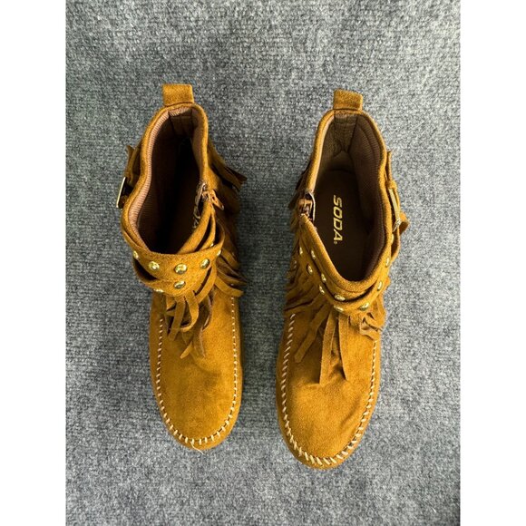 Soda Shoes Women's 10 Dahlia Faux Suede Moccasin Fringe Ankle Bootie - Picture 4 of 16